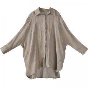 Korean Style Unbuttoned Flax Shirt Plus Size Long Sleeve Khaki Blouse