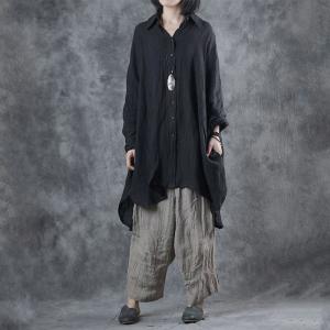 Long Sleeve Loose Linen Shirt Black Korean 80s Blouse for Women
