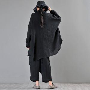 Long Sleeve Loose Linen Shirt Black Korean 80s Blouse for Women