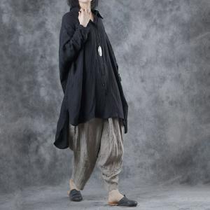 Long Sleeve Loose Linen Shirt Black Korean 80s Blouse for Women