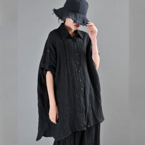 Long Sleeve Loose Linen Shirt Black Korean 80s Blouse for Women