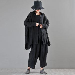 Long Sleeve Loose Linen Shirt Black Korean 80s Blouse for Women