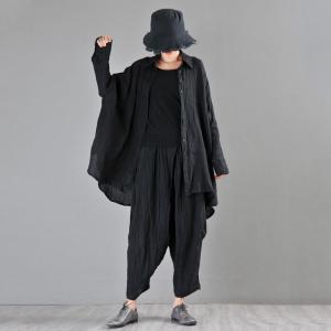 Long Sleeve Loose Linen Shirt Black Korean 80s Blouse for Women