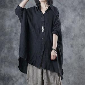 Long Sleeve Loose Linen Shirt Black Korean 80s Blouse for Women