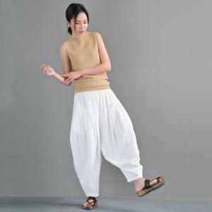 Casual Style Cotton Linen Hippie Pants Plain Bloomer Trousers