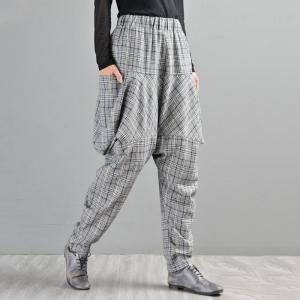 Big Pockets Winter Checkered Trousers British Harem Pants for Woman