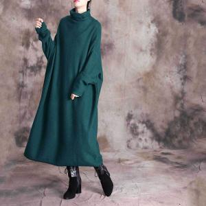 Blackish Green Turtle Neck Sweater Dress Plus Size Winter Dress