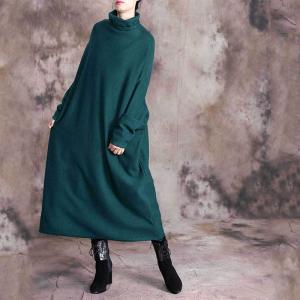 Blackish Green Turtle Neck Sweater Dress Plus Size Winter Dress