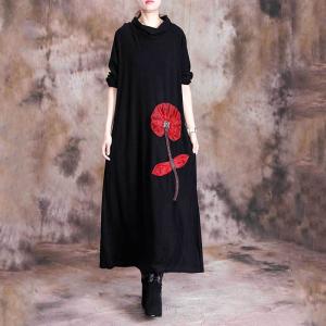 Red Flowers Applique Sweater Dress Loose-Fitting Turtle Neck Dress