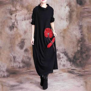 Red Flowers Applique Sweater Dress Loose-Fitting Turtle Neck Dress