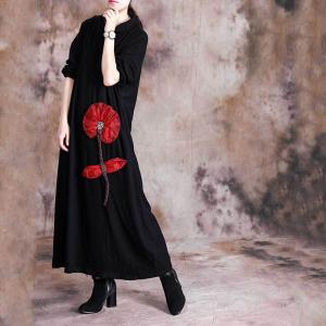 Red Flowers Applique Sweater Dress Loose-Fitting Turtle Neck Dress