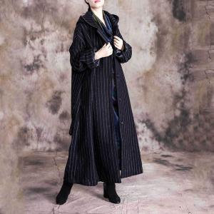 Single-Breasted Black Hooded Coat Vertical Striped Woolen Coat