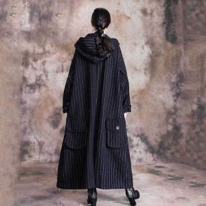 Single-Breasted Black Hooded Coat Vertical Striped Woolen Coat