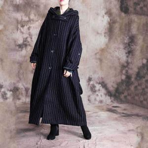 Single-Breasted Black Hooded Coat Vertical Striped Woolen Coat