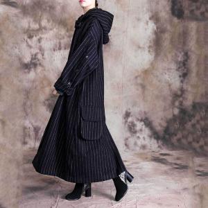 Single-Breasted Black Hooded Coat Vertical Striped Woolen Coat