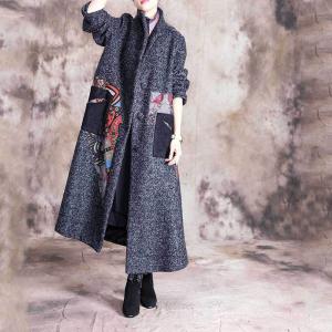 Folk Printed Patchwork Winter Overcoat Stand Collar Tweed Coat