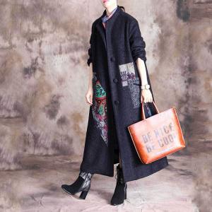 Folk Printed Patchwork Winter Overcoat Stand Collar Tweed Coat