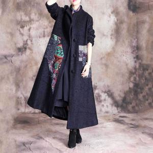 Folk Printed Patchwork Winter Overcoat Stand Collar Tweed Coat