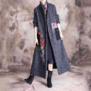 Folk Printed Patchwork Winter Overcoat Stand Collar Tweed Coat