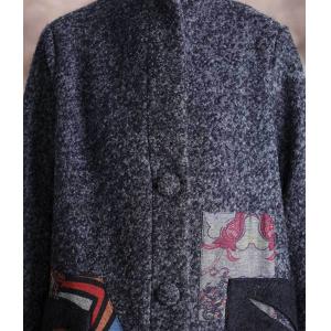 Folk Printed Patchwork Winter Overcoat Stand Collar Tweed Coat