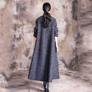 Folk Printed Patchwork Winter Overcoat Stand Collar Tweed Coat