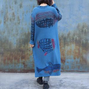 Fish Patterns Long Sleeve Blue Dress Asymmetrical Sweater Dress