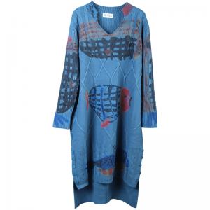 Fish Patterns Long Sleeve Blue Dress Asymmetrical Sweater Dress