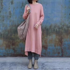 Casual Style Asymmetrical Knitted Dress Cotton Linen Pink Dress