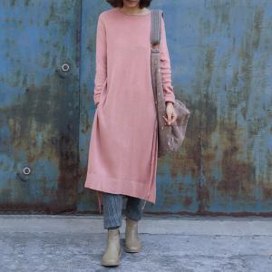 Casual Style Asymmetrical Knitted Dress Cotton Linen Pink Dress