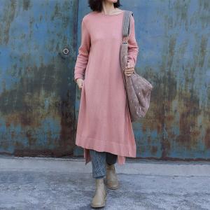 Casual Style Asymmetrical Knitted Dress Cotton Linen Pink Dress