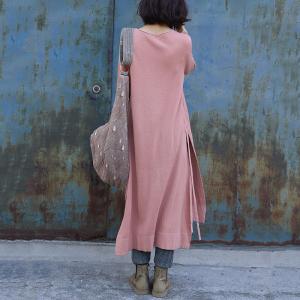 Casual Style Asymmetrical Knitted Dress Cotton Linen Pink Dress