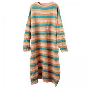 Colorful Striped Plus Size Sweater Dress Long Sleeve Crew Neck Dress