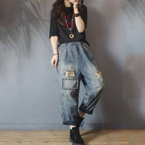 Street Fashion Patchwork Fleeced Ripped Jeans 90s Distressed Boyfriend Jeans