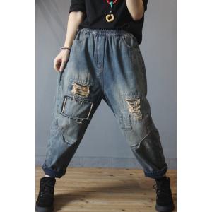 Street Fashion Patchwork Fleeced Ripped Jeans 90s Distressed Boyfriend Jeans