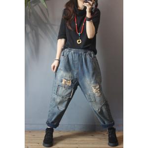 Street Fashion Patchwork Fleeced Ripped Jeans 90s Distressed Boyfriend Jeans