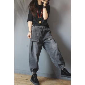 Korean Fashion Baggy Tie Ankle Jeans Patched Pocket Fleece Black Pants