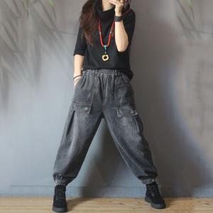 Korean Fashion Baggy Tie Ankle Jeans Patched Pocket Fleece Black Pants