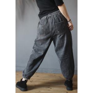 Korean Fashion Baggy Tie Ankle Jeans Patched Pocket Fleece Black Pants