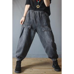 Korean Fashion Baggy Tie Ankle Jeans Patched Pocket Fleece Black Pants