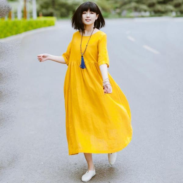Unique Design Empire-Waist Soft Linen Dress Summer Expansion Customized Dress