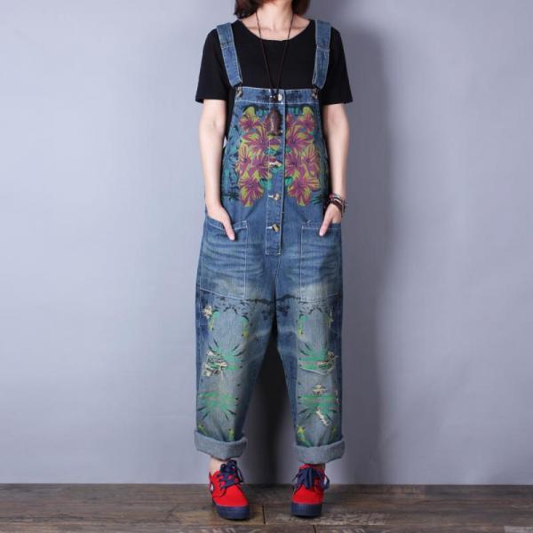 Retro Printed Jeans Jumpsuits Womans Baggy Denim Jumpsuits