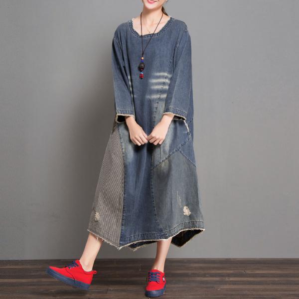 Korean Style Patchwork Denim Dress Designer Ripped Dress