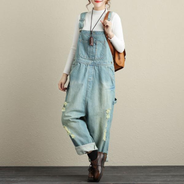 Korean Fashion Baggy Denim Jumpsuits Distressed Boyfriend Dungarees