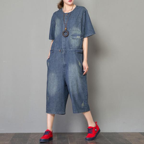 Korean Fashion Button Down Rompers Denim Baggy Dungarees for Woman