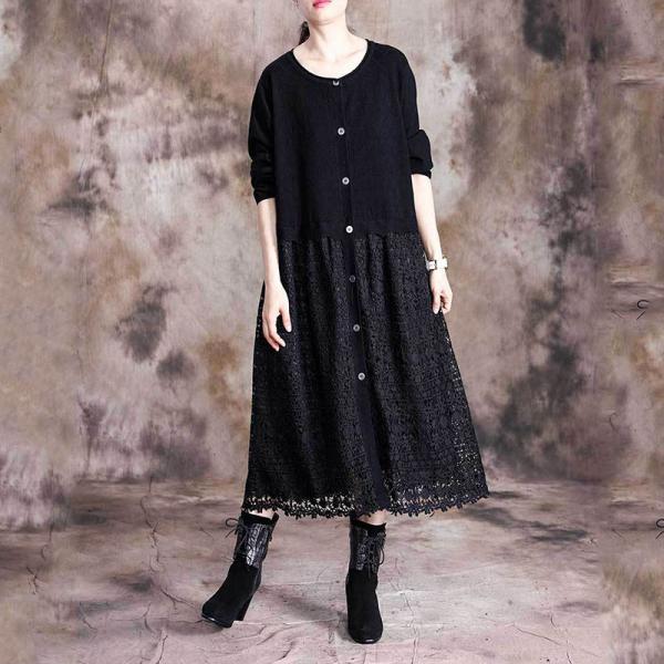 Long Sleeve Crochet Eyelet Dress Single-Breasted Black Knitwear
