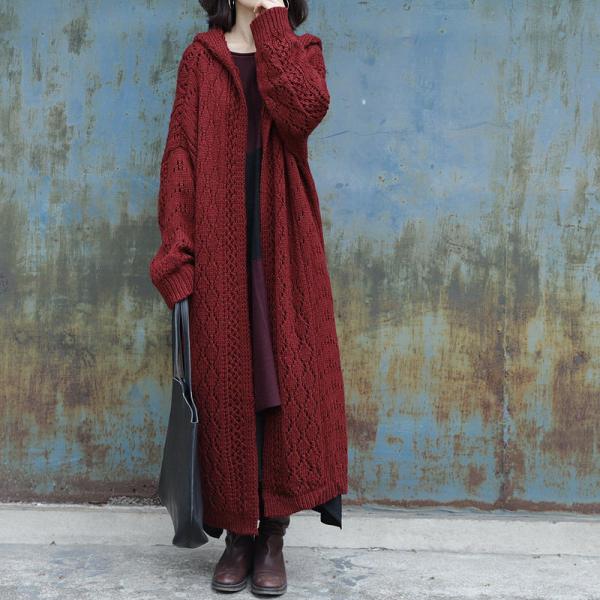 Hollow Out Dark Red Cardigan Long Hoodded Crochet Coat