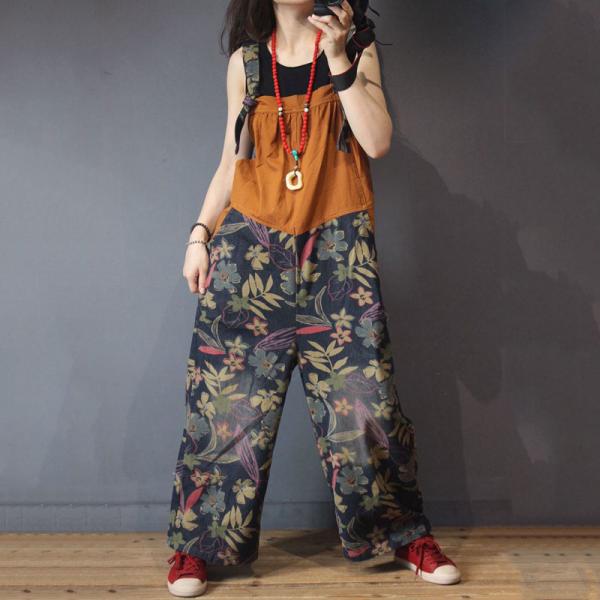 Tropical Printing Wide Leg Overalls Baggy Backless Womens Dungarees