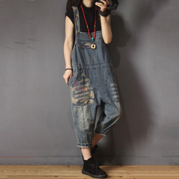 Korean Style Printed Jean Overalls High-Waisted Granny Dungarees