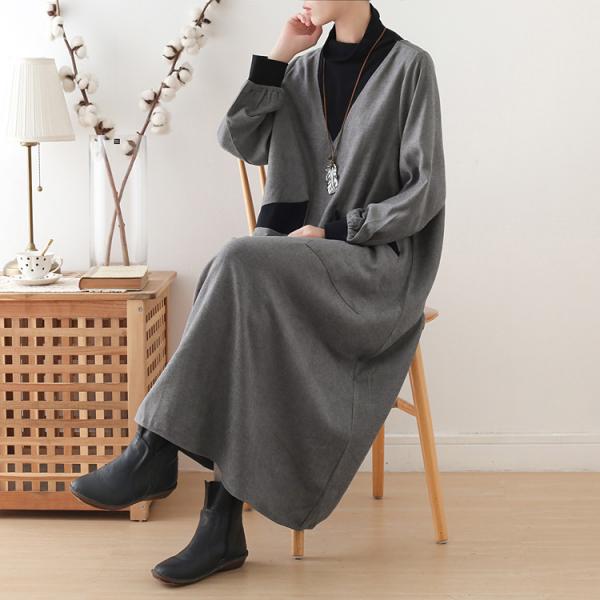 Puff Sleeve Plus Size Winter Dress Turtle Neck Gray Pregnancy Dress