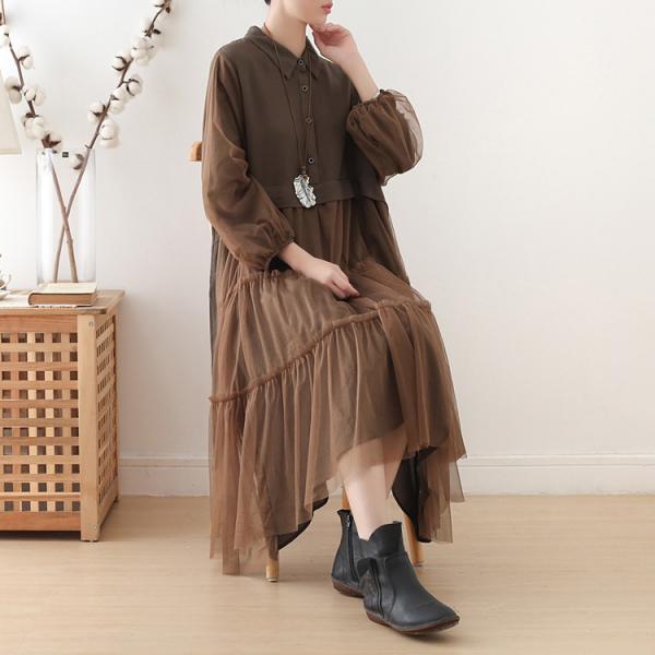 Empire Waist Puff Sleeve Shirt Dress Loose Belted Mesh Dress